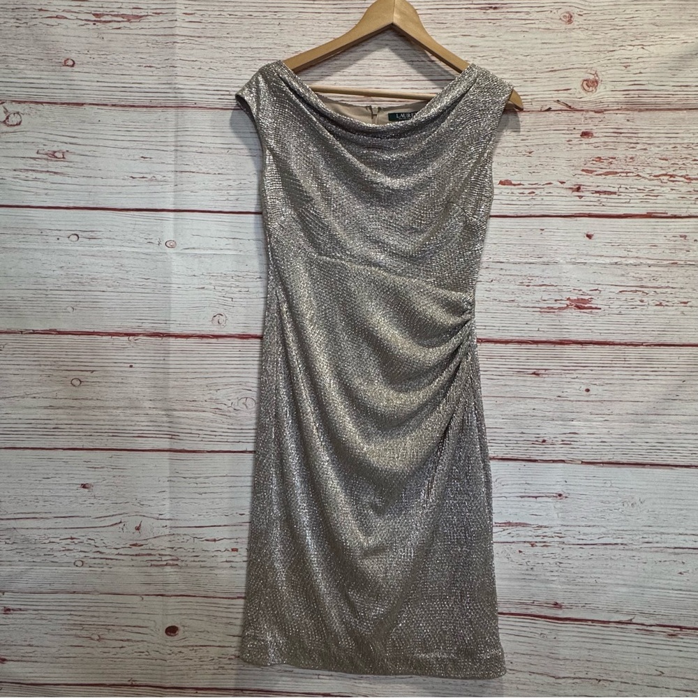 NWT Lauren Ralph Lauren Metallic Cowl Neck Sheath Dress Sz 4 - Picture 4 of 14